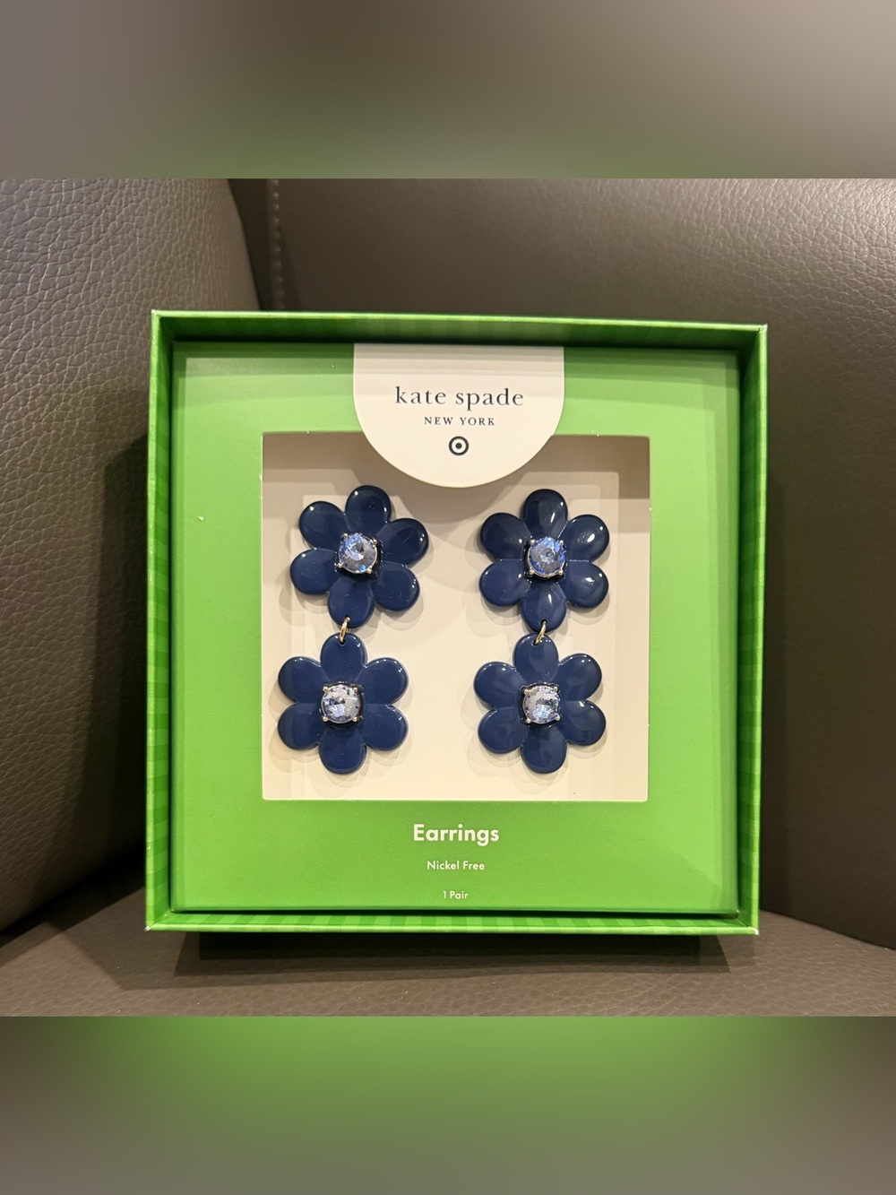kate spade x target navy double-drop flower dangle earrings with crystal centers